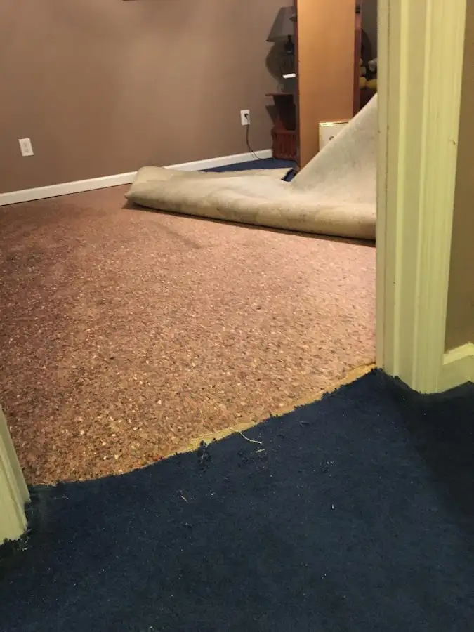 Carpet pad removal revealing water damage during Water Mitigation Services in Sitka